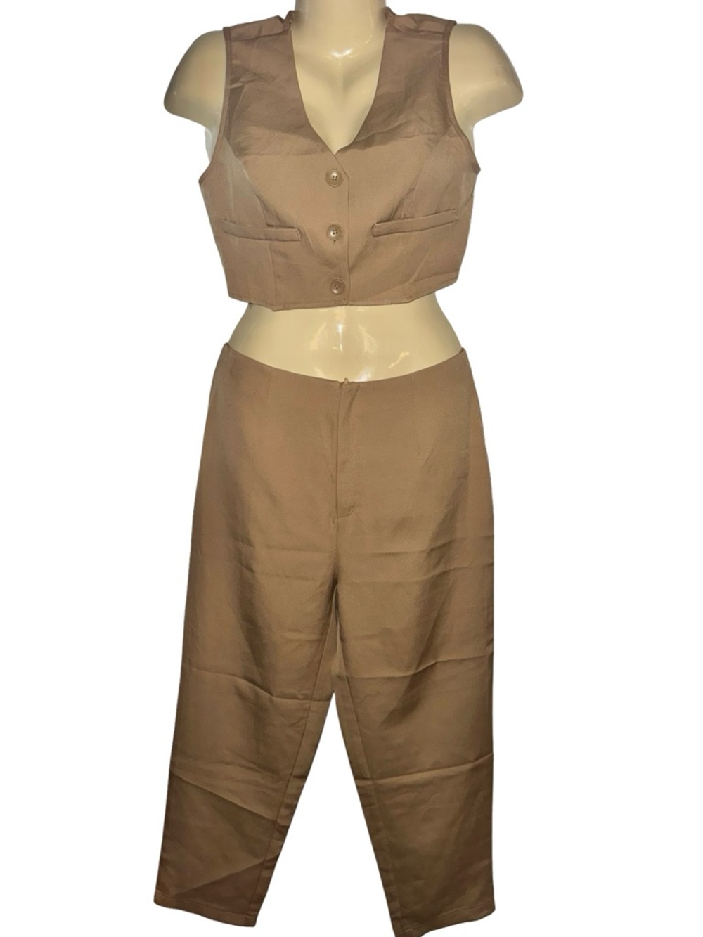 SHEIN Tan Sleeveless Crop Vest with Straight-Leg Pants Set